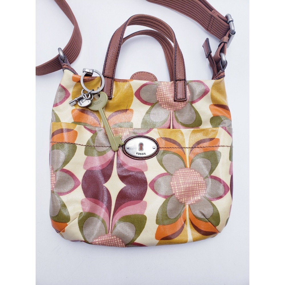 Fossil Key-Per Crossbody Bag Floral Multi-Color Earthy Tones Brown Yellow